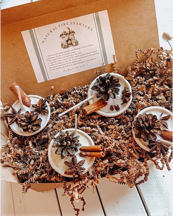 Natural Firestarters for Fireplace or Campfire | Set of 4 Eco Friendly Soy Wax Fire Starters | Winter Holiday Scented