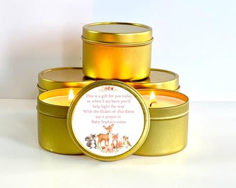 May include: Three gold candle tins with a white label featuring a pink floral design and woodland animals. The label reads "This is a gift for you today, so when I am born you'll help light the way. With the flicker of this flame say a prayer in Baby Sophie's name."