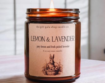 Vela de soja con aroma a limón y lavanda - 227 g - Ideal para cestas de Pascua para mujer - Vela hecha a mano - Decoración primaveral primitiva - No tóxica
