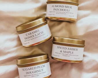 4 oz Sample Size Soy Candles - Choose from over 50 Scents - All Natural Handmade Clean Burning - Gold Tin Candles