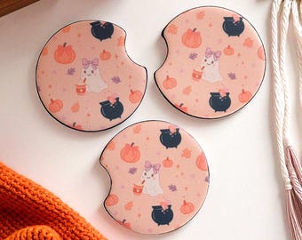 Halloween Car Coasters - Fall Pumpkin Car Coasters - Coffee & Pumpkins - Neoprene Car Coasters - Cute Car Accessories