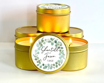 Recuerdos de boda de eucalipto / Recuerdos para invitados al por mayor / Velas para recuerdos de boda / Recuerdos de boda personalizados / Juego de 10 velas de lata doradas
