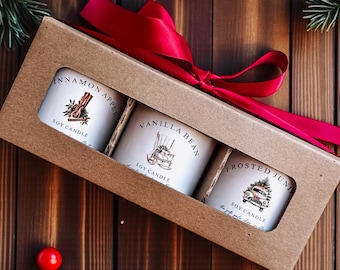 Presentask för högtider och ljus | Trio av lantliga julljus | Giftfria sojaljus | Mysigt vinterpresentset | Handgjutet | Set om 3