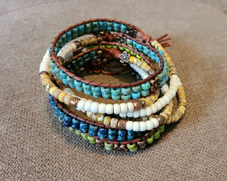 My bestseller Boho-Style bead and leather wrap bracelet using Picasso beads and daisy beads and either copper or silver button closure. image 7