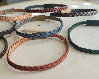 Braided 5mm flat leather bracelet with 5mm magnetic clasp which makes it easy for anyone to open and close - choose your color!