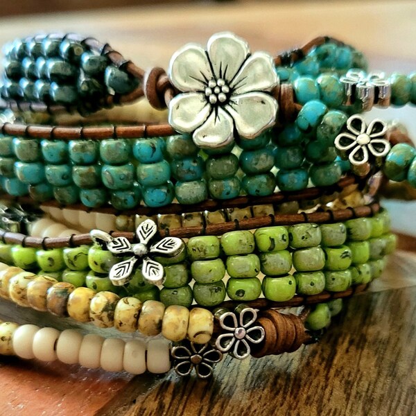 My bestseller! Boho-Style, FREE handcrafted gift wrapping, bead and leather wrap bracelet using Picasso beads with button closure.