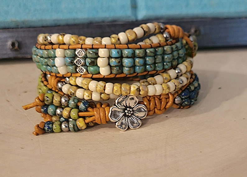 My bestseller Boho-Style bead and leather wrap bracelet using Picasso beads and daisy beads and either copper or silver button closure. image 8