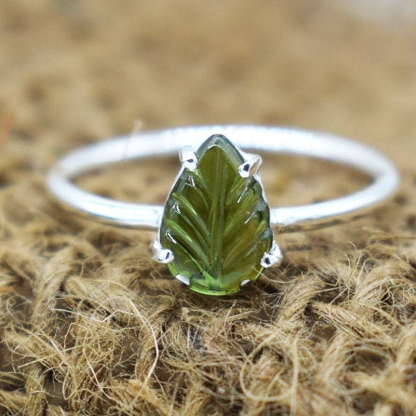 Natural Leaf Shape Parrot Green Tourmaline Gemstone Ring, 925 Sterling Silver Ring, Leaf Shape Green Tourmaline Gemstone Ring, Gift For Her