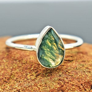 Natural Moss Agate Gemstone Ring, Pear Shape  Moss Agate Ring, 925 Sterling Silver Ring, Handmade Ring, Moss Agate Jewelry, Gift For Her