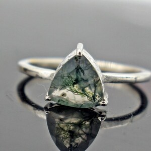 Natural Moss Agate Ring, Trillion cut moss agate promise ring for her, Art deco style moss agate engagement ring, Women moss agate ring