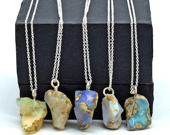 925 Sterling Silver Raw Opal Pendant Necklace, Real Ethiopian Opal Rough, 100% Natural Crystals, Fire Play Gemstone Gift Jewelry 18 inch