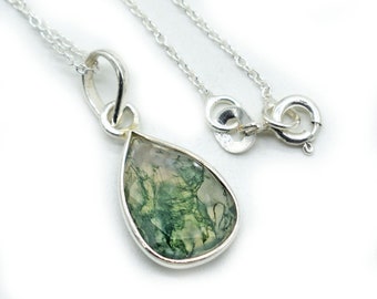 Moss Agate Necklace, Moss Agate Pendant, Handmade Bezel Pendant, Pear Cut Moss Agate Pendant, Dainty Pendant, Gift For Her, Healing Pendant