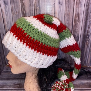 Elf long stocking hat, 36” hat, toboggan, ski, long, custom colors, Green, red & white