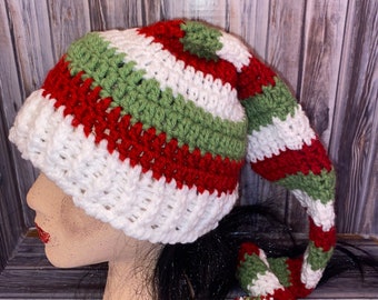 Elf long stocking hat, 36” hat, toboggan, ski, long, custom colors, new born to adult sizes. Green, red & white.