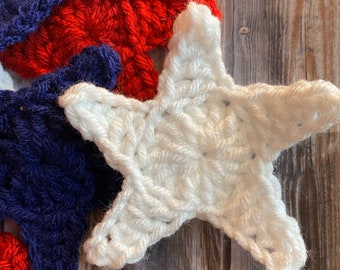 Stars LG 4”, red, white & blue, crocheted, appliqué, notions, patches, photoprops. 4thJuly,Memorial, Garland, streamers. Embellishments.