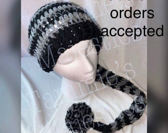 Black & Gray (Grey) 36" hat + MORE, pick your colors toboggan, ski, long, new born to adult sizes, Pom Pom. ORDER EARLY!!! Long stocking hat