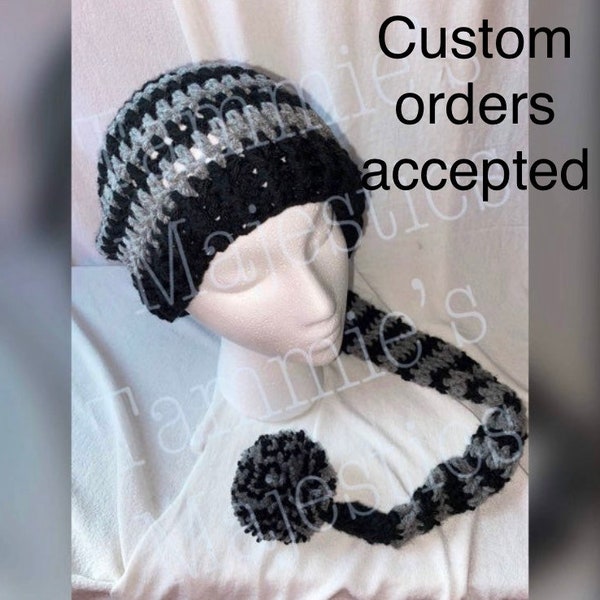 Black & Gray (Grey) 36" hat + MORE, pick your colors toboggan, ski, long, new born to adult sizes, Pom Pom. ORDER EARLY!!! Long stocking hat