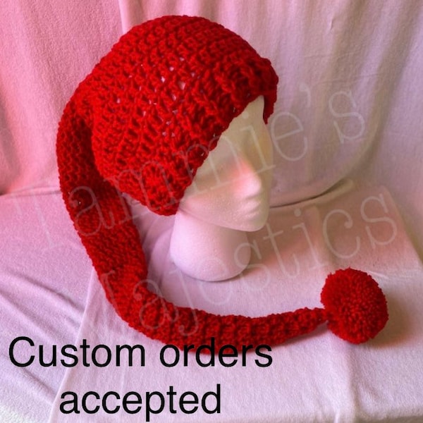 Red 36" hat, toboggan, ski, long, custom colors, new born to adult sizes, Pom Pom. ORDER EARLY!!! Long stocking hat