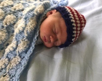 Patriotic beanie,hat crocheted, July 4, memorial, veterans, red white and blue with/without the pom-pom. Newborn to adult. USA photo prop.