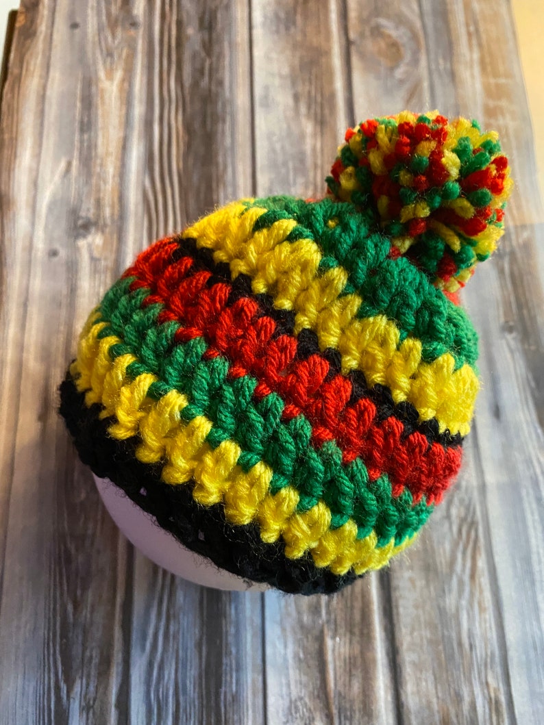 Newborn Teen Rasta hat, beanie, with or without pom-pom red, green, yellow, black. Jamaican crochet. Marley style. Reggae, photo props. image 3