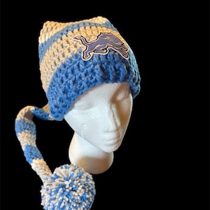 36" hat, blue silver white toboggan, ski, long, new born to adult sizes, Pom Pom. Long stocking hat. Fast shipping Detroit NFL Football