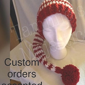 Czerwono-biała czapka 36 cali, sanki, narty, długa, kolory na zamówienie, rozmiary od noworodka do dorosłego, pompon. Zamów już dziś!!! Czapka w kształcie laski cukrowej. Długa czapka w formie pończochy.