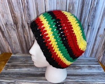 Rasta hat, Adult, Jamaica, Bob Marley, Red, yellow, green & black hat, 420, Free shipping. With/without Pom Pom.