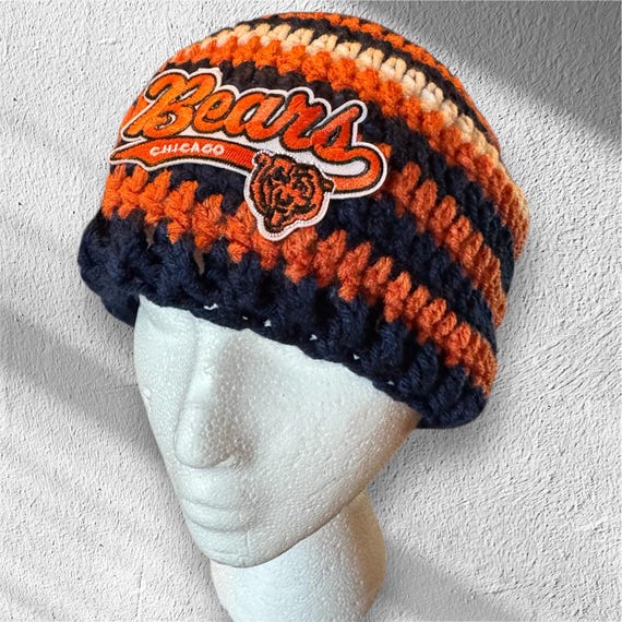 Chicago Bears Beanie/hat Navy Orange White Crochet W/ Emblem
