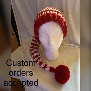 Red & White 36&quot; hat, toboggan, ski, long, custom colors, new born to adult sizes, Pom Pom. Order early!!! Candy cane hat. Long stocking hat