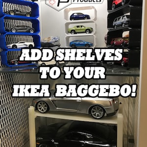 May include: White shelves with black frames for displaying toy cars. The shelves are labeled "ADD SHELVES TO YOUR IKEA BAGGEBO!" and feature a logo for Hobby Products.