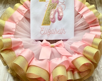 Ballerina Theme Tutu outfit, Ballet Shoes Birthday Outfit, Birthday Number Shirt, Light Pink and Gold Tutu. Gift for Girls.