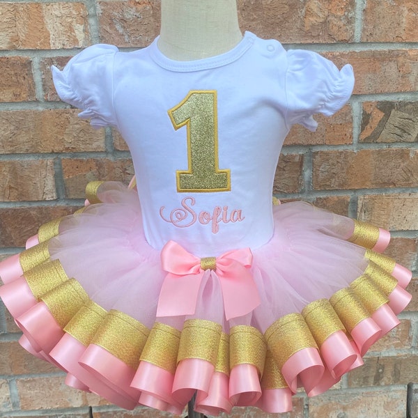 Birthday Girl Tutu outfit, Light Pink and Gold Birthday Outfit, Birthday Number Shirt, Light Pink and Gold Tutu, Pink Birthday Outfit.