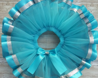 Turquoise Blue Tutu: Glitter Silver Ribbon Trim, Birthday Skirt.