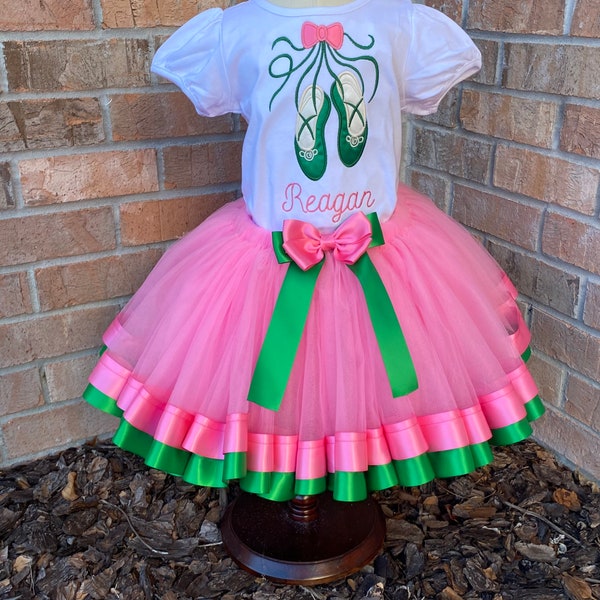 Ballerina Theme Tutu outfit, Ballet Shoes Birthday Outfit, Birthday Number Shirt, Hot Pink and Green Tutu Outfit