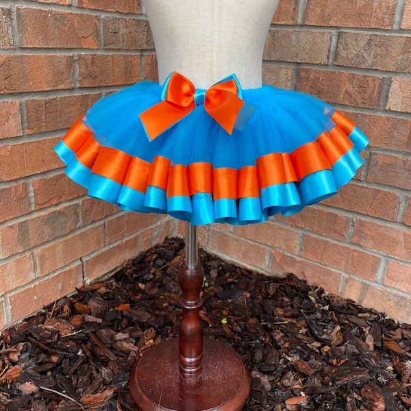 Blue and Orange Ribbon Trimmed Tutu, Turquoise and Orange Birthday Tutu, First 1st 2nd 3rd 4th 5th 6th 7th Birthday, Tutu for girls,