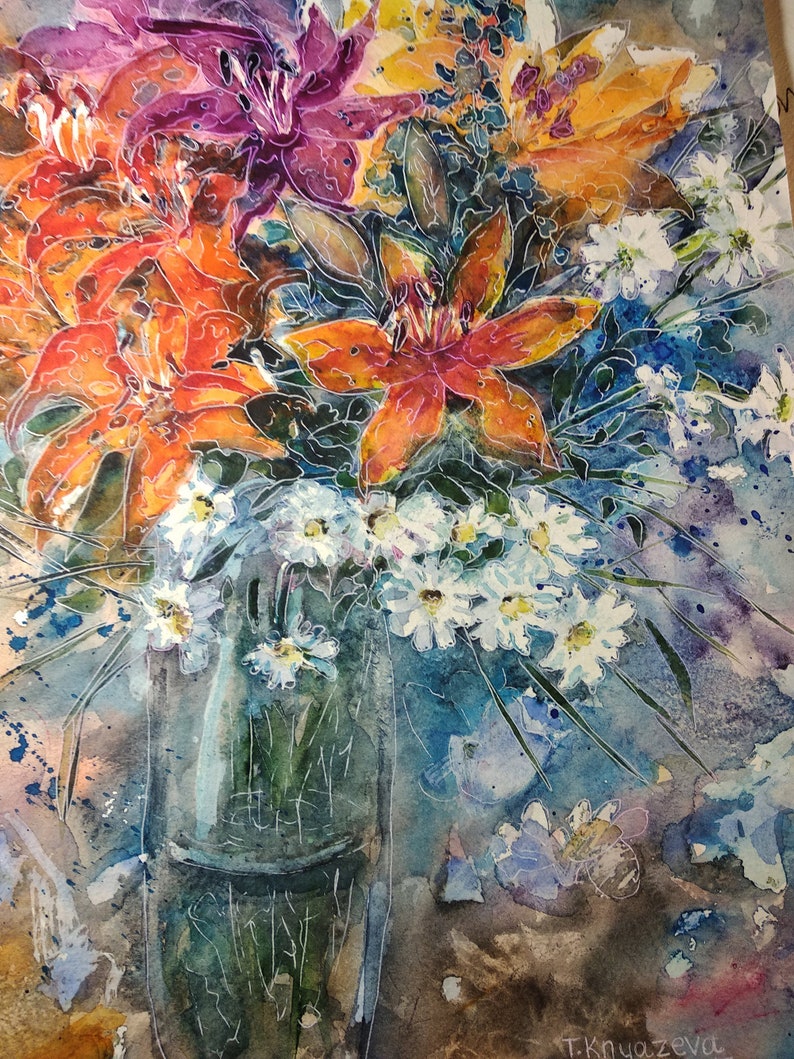 Daisy Lily Watercolor Painting Floral Bouquet Graphics Lily Chamomile Flowers Sketch Original Home Decor 14x9 inc By Tanya Knyazeva