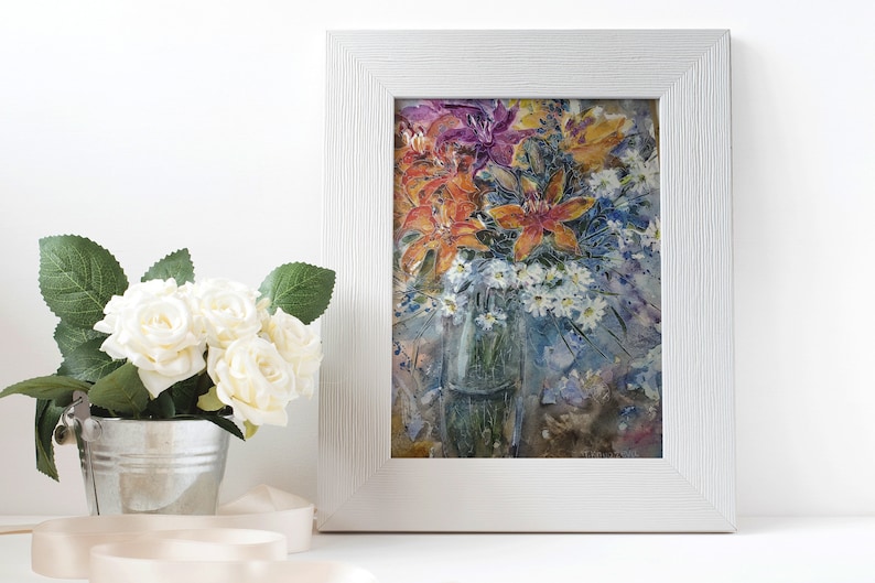 Daisy Lily Watercolor Painting Floral Bouquet Graphics Lily Chamomile Flowers Sketch Original Home Decor 14x9 inc By Tanya Knyazeva