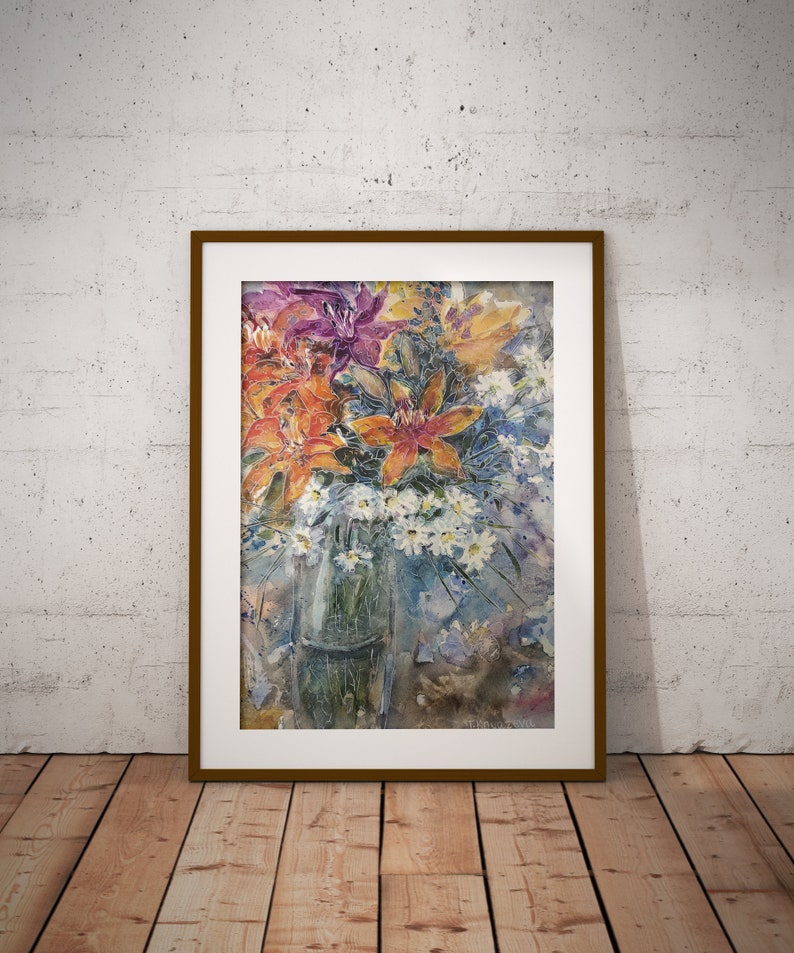 Daisy Lily Watercolor Painting Floral Bouquet Graphics Lily Chamomile Flowers Sketch Original Home Decor 14x9 inc By Tanya Knyazeva