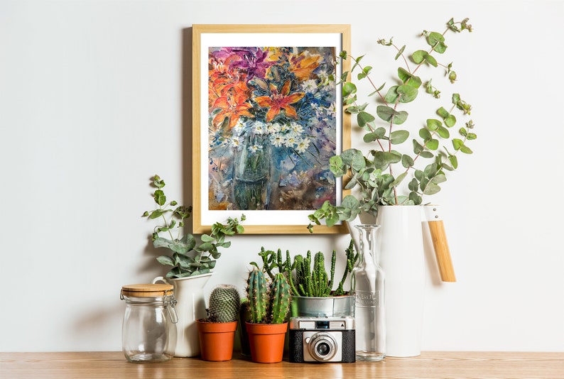 Daisy Lily Watercolor Painting Floral Bouquet Graphics Lily Chamomile Flowers Sketch Original Home Decor 14x9 inc By Tanya Knyazeva