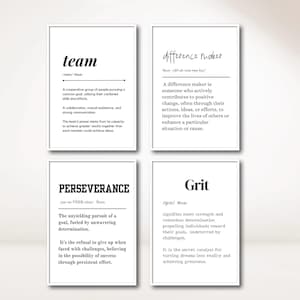 Pode incluir: Quatro cartazes imprimíveis em preto e branco com palavras e definições motivacionais. As palavras são "equipe", "criador de diferença", "perseverança" e "determinação".