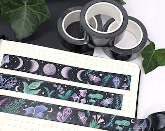 MAGIC NIGHT | 10m x 15mm | Moon phases, mushrooms, plants, flowers | Journal, planner, scrapbook