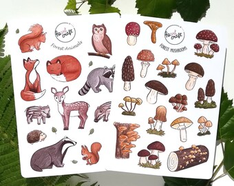FOREST STICKER SET | mushrooms | animals of the forest | journal | matt white vinyl sticker |
