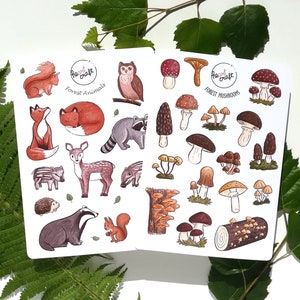 BOS STICKER SET | Dagboek | bospaddenstoelen | dieren van het bos | mat witte vinylstickers