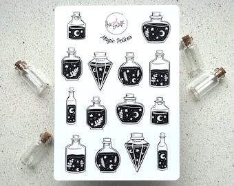 MAGIC POTIONS Sticker Sheet | witchy l black & white | bullet journal | matt white vinyl sticker