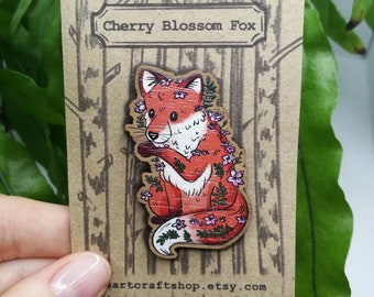CHERRY BLOSSOM FOX Pin | Wooden pin | Fox with cherry blossoms