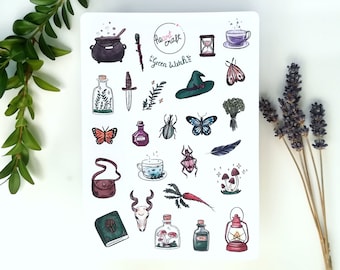 GREEN WITCH Sticker Sheet | forest magic l | bullet journal | matt white vinyl sticker | water resistant (splash water and rain)