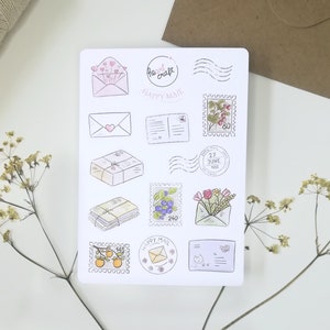 Happy Mail Sticker Sheet | Stickerbogen | Briefmarken-Post | Journal | Brief Illustrationen | matt weiß Vinyl Sticker