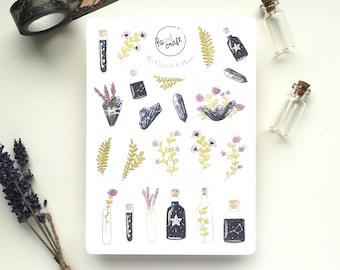 SKY CRYSTALS & PLANTS Sticker Sheet | celestial | journal | matt white vinyl sticker | water resistant (splash water and rain)