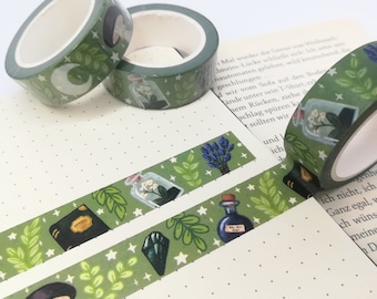 Green Witch WASHI TAPE | 10m x 15mm | alchemy pattern | crystals, plants, witch, mushrooms | journal, planner