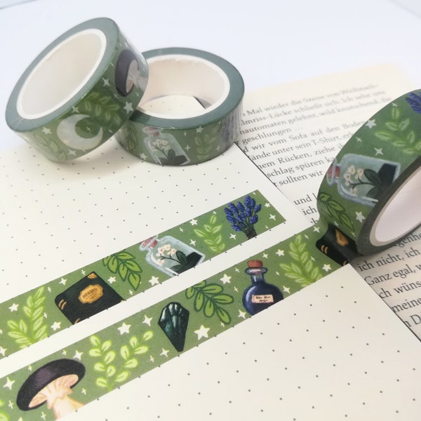 GREENWITCH WASHI TAPE | 10m x 15mm | Alchemie Muster | Kristalle, Pflanzen, Hexe, Pilze | Grün | Journal, Planer, Scrapbook